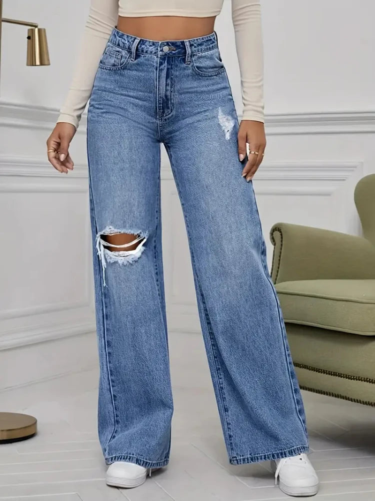 Nova Distressed Wide-Leg Jeans